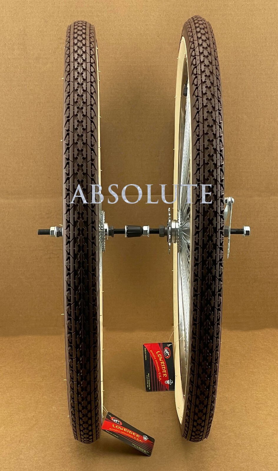 VINTAGE LOWRIDER 26" 144 SPOKE CHROME DAYTON RIM SET W/BROWN/CREAM