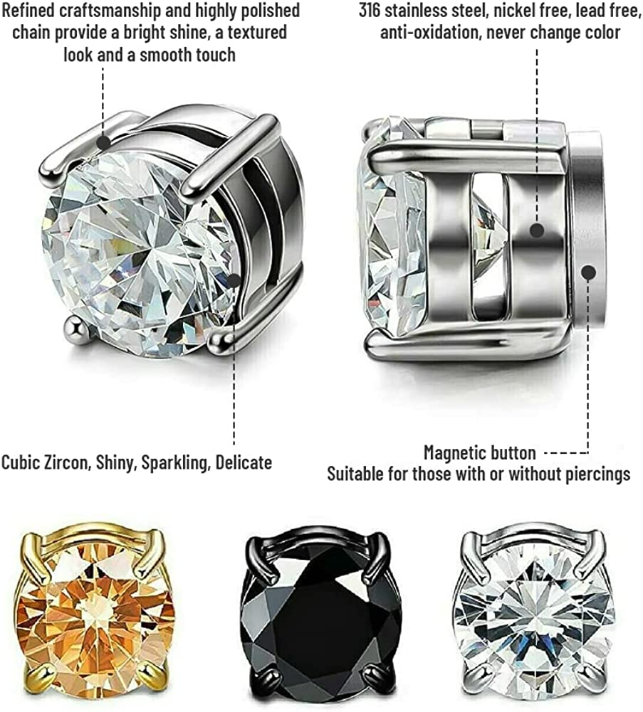 Earrings for Men, NonPiercing CZ Studs, Hypoallergenic