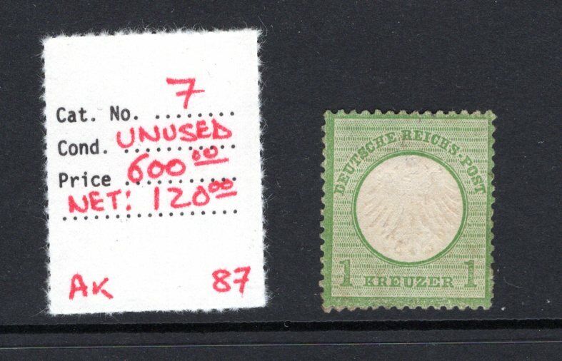 1872 Germany DEUTSCHES REICH, #7, 1 Kreuzer, Unused, MNG