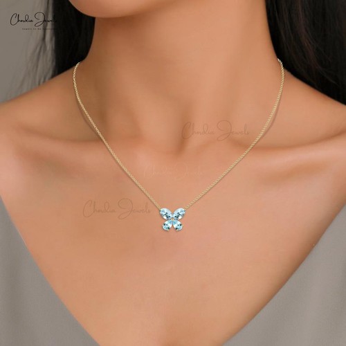 1.2 CTW Natural Aquamarine Butterfly Necklace 14k Solid Gold Birthstone Jewelry - Bild 6 von 23