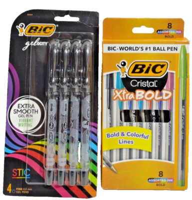  Bundle-BIC Cristal 8ct 1.6mm tip & Bic Gelocity 4ct 0.5mm Tip Ink Pens. NEW!