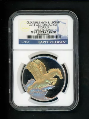 Tokelau 2014 Gilt $5 Silver NGC PF69 ULTRA CAMEO Pegasus Early Release Creatures