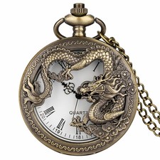 Vintage Style Bronze Pocket Watch Dragon Display with Long Chain for Women Men