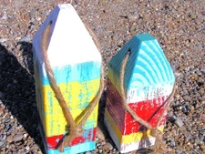 Two Maine style Lobster buoys, Nautical Garden Decor, Wooden Fishing Buoys