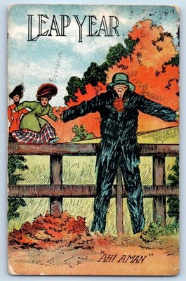 1908 Leap Year Women Running Ah Aman Scarecrow Dayton Ohio OH Antique Postcard