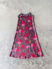 Vintage 90s Whimsigoth Red Pink Floral Satin Midi Slip Dress Indie Sleaze small