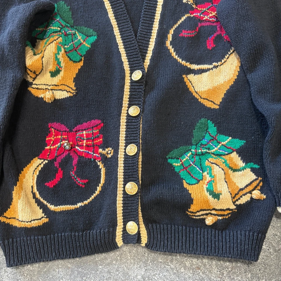 Винтажный McNaughton Рождественский кардиган свитер женщин M черный вышитые колокольчики - Изображение 3 из 4