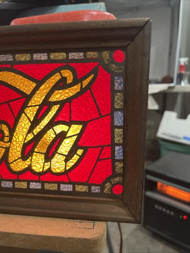 Vintage 1970's Coca-Cola Faux Stained Glass Advertising Light Wood Sign, ~17”x7” - Picture 2 of 16