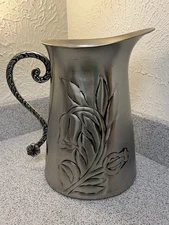 Vintage Silver Tone Floral Pitcher Creamer Vase Made in India 8.5”