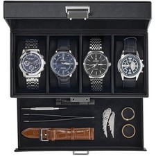 Uhrenbox 4 F&auml;cher, Glasdeckel, Kunstleder, Schmuckkoffer f&uuml;r Damen & Herren