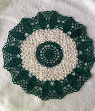 Crochet Doily, Round, 11  , Green  Ecru, New
