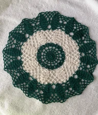 Crochet Doily, Round, 11”,  Green & Cream, New