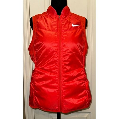 Nike Running Women Red Quilted Puffer Vest Full Zip Mock Neck Reflective Medium