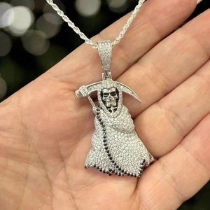 Authentic 2Ct Round Lab Created Diamond Muerte Grim Reaper Pendant 14K White Gold Plated