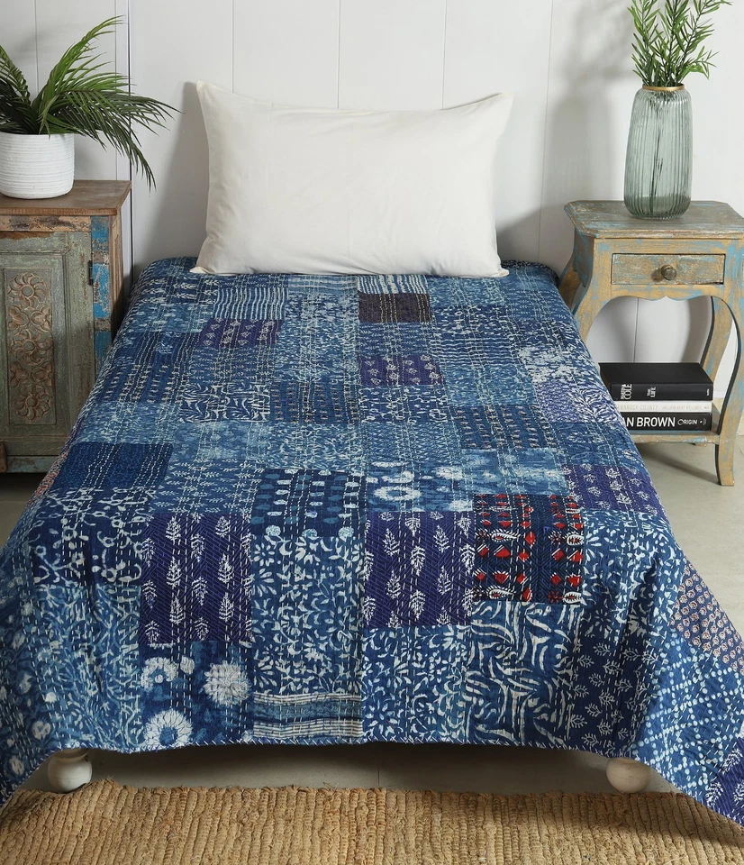 Colcha Kantha India Estampado en Bloque Floral Retazos Colcha Manta Doble Tiro Foto 2 de 4