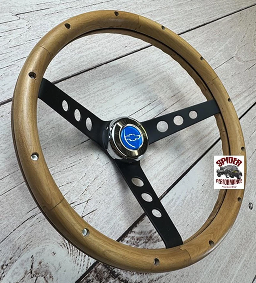 1957-1963 Chevrolet wood steering wheel BLUE BOWTIE 13 1/2" WALNUT BLACK SPOKE - Image 2 of 4