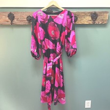 Talbots Pink Red Floral Satin Midi Dress 3/4 Puff Sleeve Belted NWT Size 10