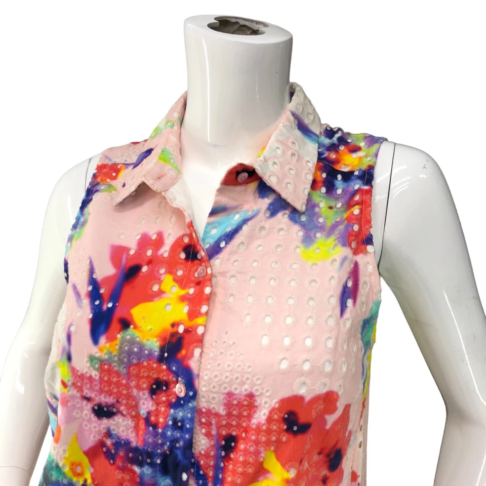 Vestido Camisa Trina Turk Talla 4 Estampado Acuarela Sin Mangas Ojales Encaje Forrado Algodón Foto 3 de 4