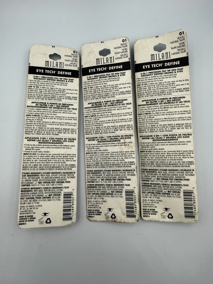 3 PACK Milani Eye Tech Define 2-in-1 Brow/Eyeliner Felt Tip Precision Pen NEW - Image 2 of 3