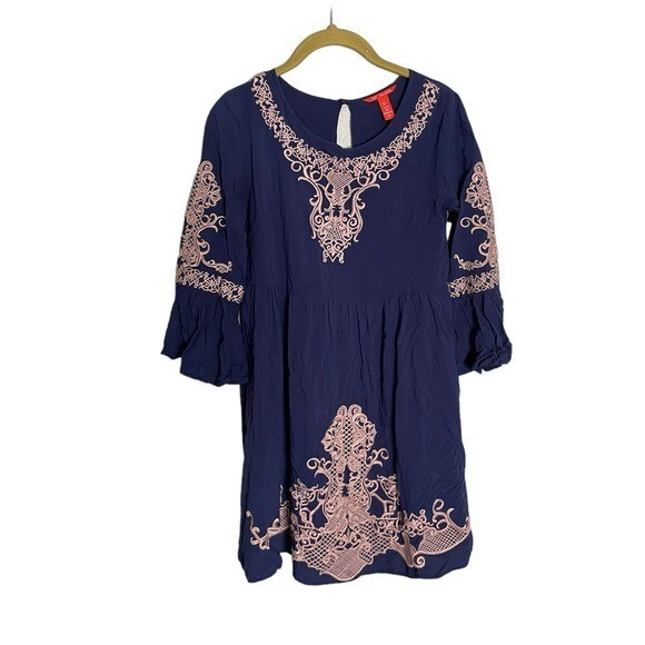 Chelsea & Violet Navy Blue Embroidered Babydoll Boho Dress XS | eBay