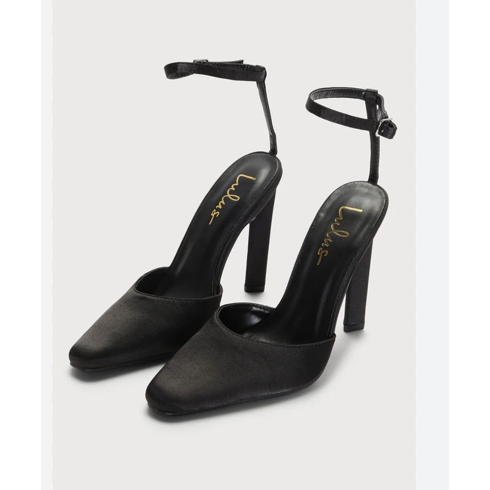 Lulus Black Satin Square Toe Ankle Strap Heels for Evening Parties