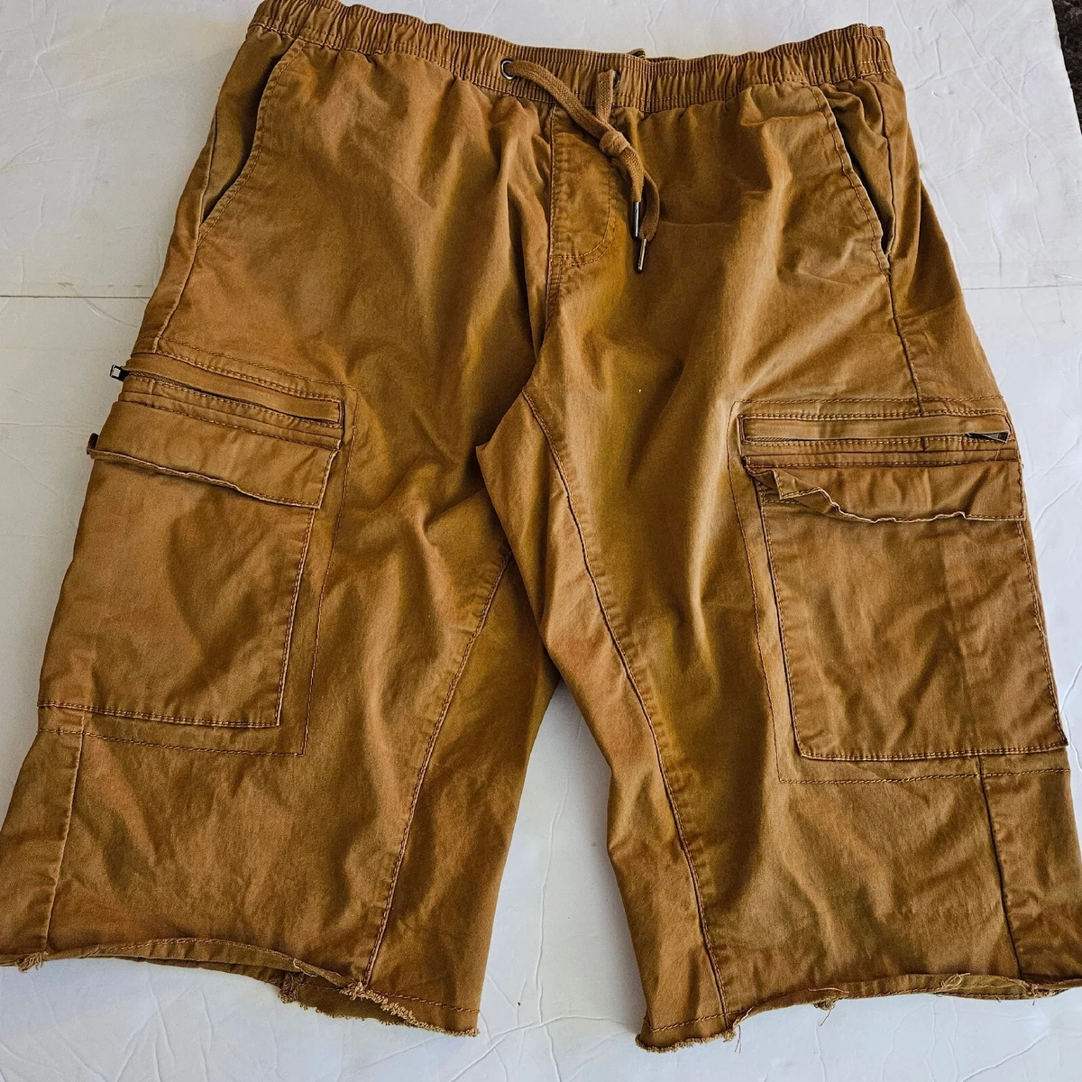 Grindhouse Denim Cargo Shorts Men XL Drawstring TanBrown Raw Edge | eBay