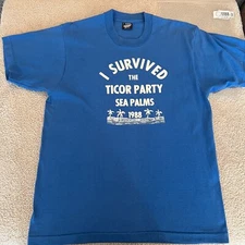 VINTAGE Company Party Beach Sea Palms Shirt Adult Large Blue Single Stitch 80s