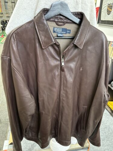 Authentic GENUINE LEATHER Brown Polo Jacket Super Nice ! - Picture 1 of 10