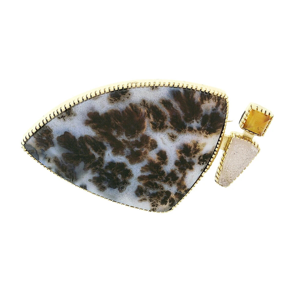 Большая дизайнерская брошь на булавке из золота 18 карат с дендритным агатом янтарем и натуральным горным кристаллом