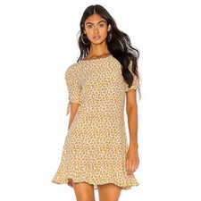 FAITHFULL THE BRAND Daphne Short Sleeve Mini Dress Floral Yellow Sunflower Small