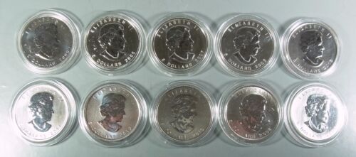10 Silbermünzen Kanada - 5 Dollar - pro Stück  1 Unze (31,2 Gramm) - PP (Text) - Bild 1 von 4