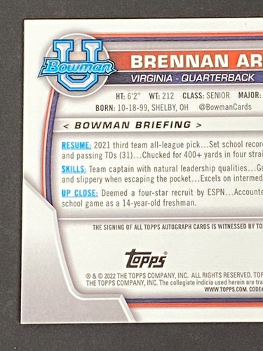 Brennan Armstrong 2022 Bowman Chrome University #53 Auto - Picture 10 of 10