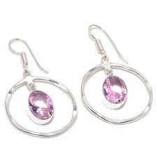 Pink Kunzite Gemstone Handmade 925 Sterling Silver Jewelry  Earring Sz 1.50"
