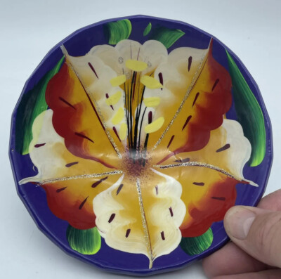 Art Pottery Hand Painted Mexico Footed Bowl Floral Folk Art Salsa Candy Dish