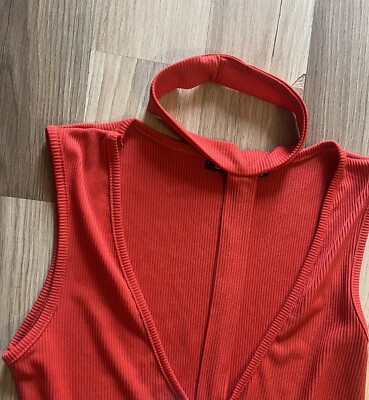 BOOHOO Red Orange Coral Ribbed Choker Neck Midi Dress UK 12 UK