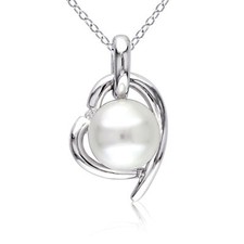 Amour Sterling Silver Cultured FW Pearl and Diamond Heart Pendant with Chain