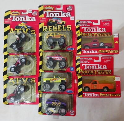 9 2002 TONKA Motorized Pull Back lot 3 ATV s, 4 REBELS & 2 Power Trucks