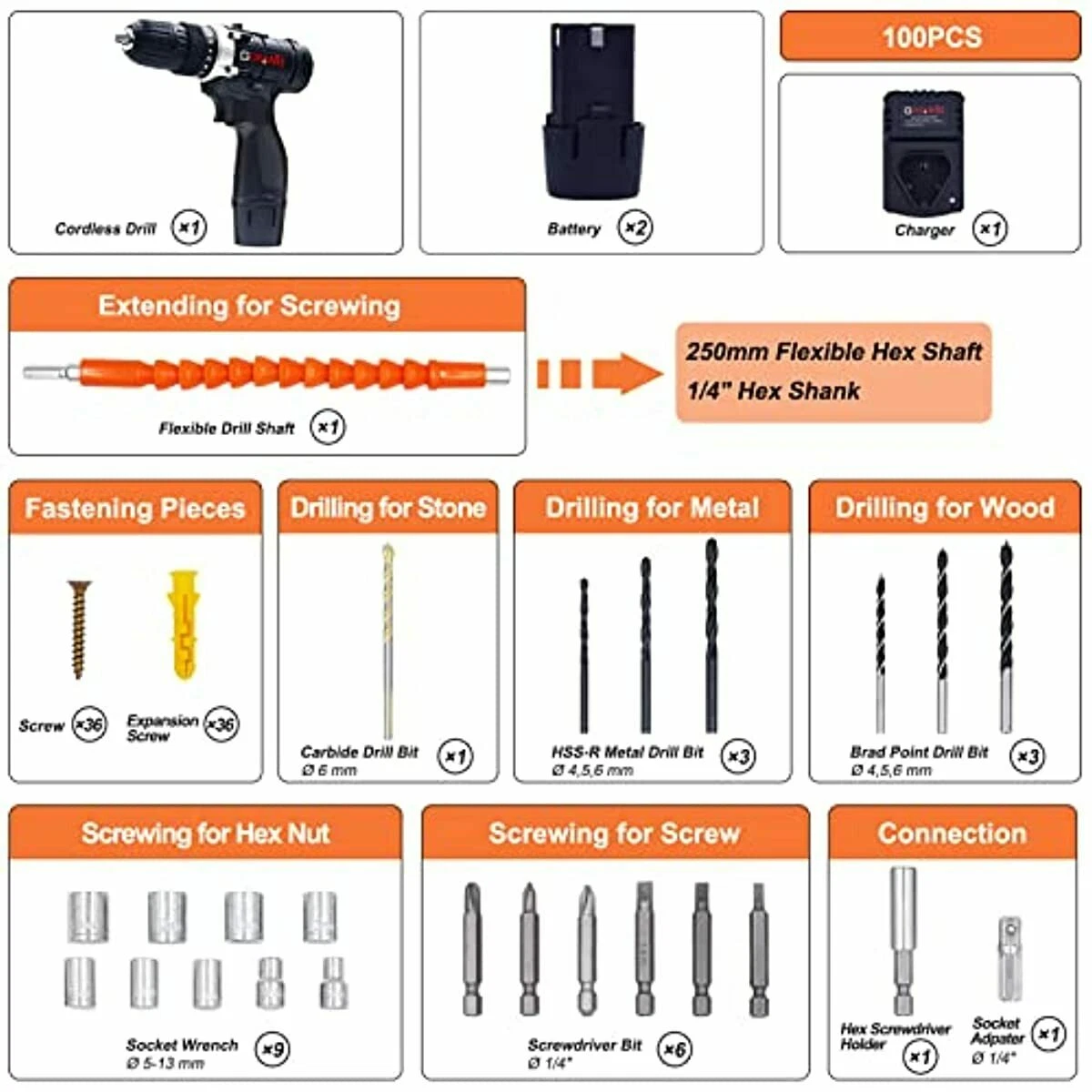 Cordless Drill with 2 Batteries GOXAWEE Power Drill Set 100pcs