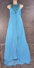 Beaded Dress Womens 16 Blue Beaded Maxi Chiffon Overlay Cocktail Cruise Prom
