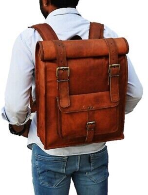 Neu Herren Outdoor Vintage Rucksack Handgefertigt Echt Ziegenleder Tasche Vol...
