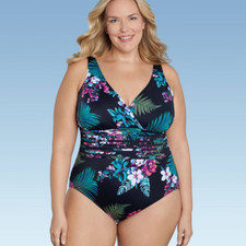 Women's Waist Detail Over the Shoulder One Piece Swimsuit Black Floral Plus 17
