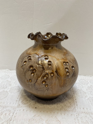 Pottery Flower Vase Unique Brown signed  R. With Ruffle 7 x 6 