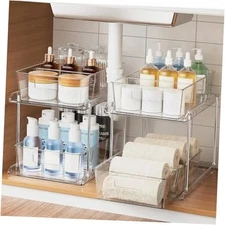 Pull-out Home Organizer, 2 Pack 2 Tier Clear Bathroom Organizer with Dividers, 
