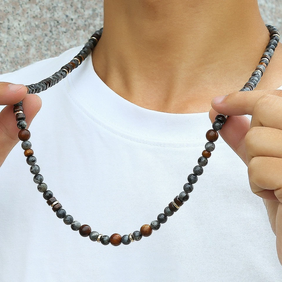 Collar de cuentas de piedras preciosas para hombre tribal boho hecho a mano ajustable joyería surfista Foto 4 de 4