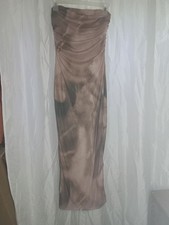 Medium Strapless Ruched Bodycon Taupe Mesh Maxi Dress Side Slit