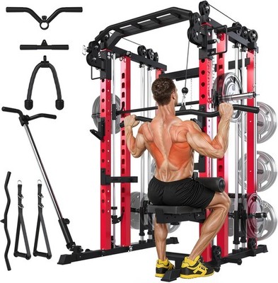 Smith Machine w/ LAT Pulldown Power Squat Rack Cage Dual Cable Crossover Machine