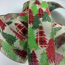 Christmas Trees Plaid Natural Premium Wired Ribbon 10yds x 2.5" Gold Glitter New