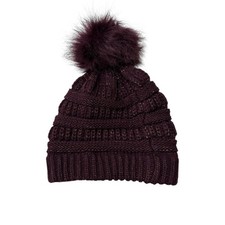 Time And Tru Marled Glitter Cable Knit Faux Fur Pom Hat Burgundy Womens One Size