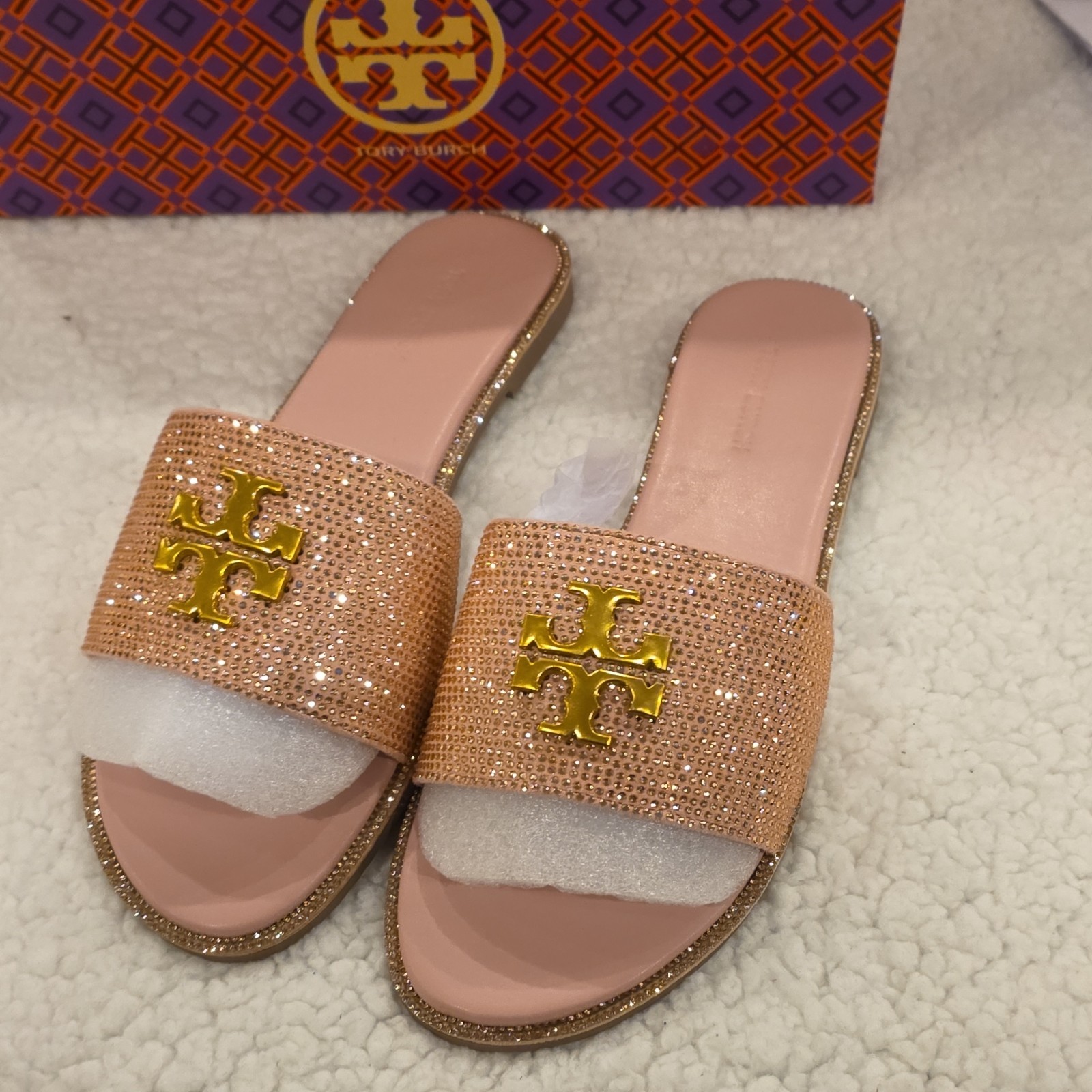 Tory Burch Pink Gold Beaded Logo Slide Sandals Women's Solid Pattern Slip On thumbnail 2