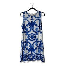 Farmers Market Shift Dress Womens Size M Linen Blend Sleeveless Pom Pom Trim